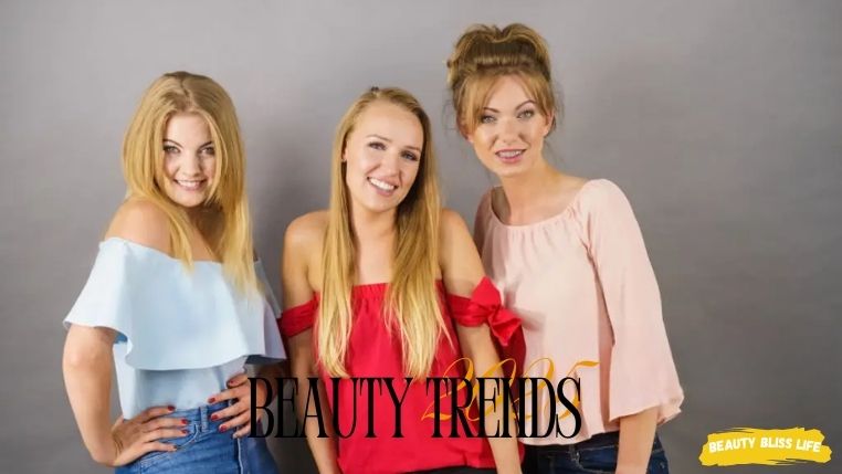 Futuristic Beauty Trends 2025: AI skincare, virtual makeup try-ons, sustainable products, and heatless curls on diverse model with glowing skin.